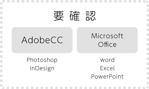要確認 （Adobe CC: Photoshop InDesign）（Microsoft Office: word excel powerpoint）